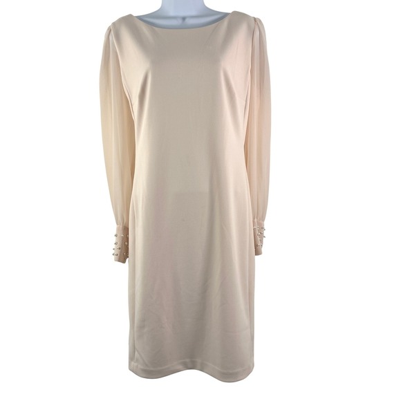 Karl Lagerfeld Paris Scuba Sheath Chiffon Dress Pearl Cuffs Boat Neck 14 - Picture 2 of 10